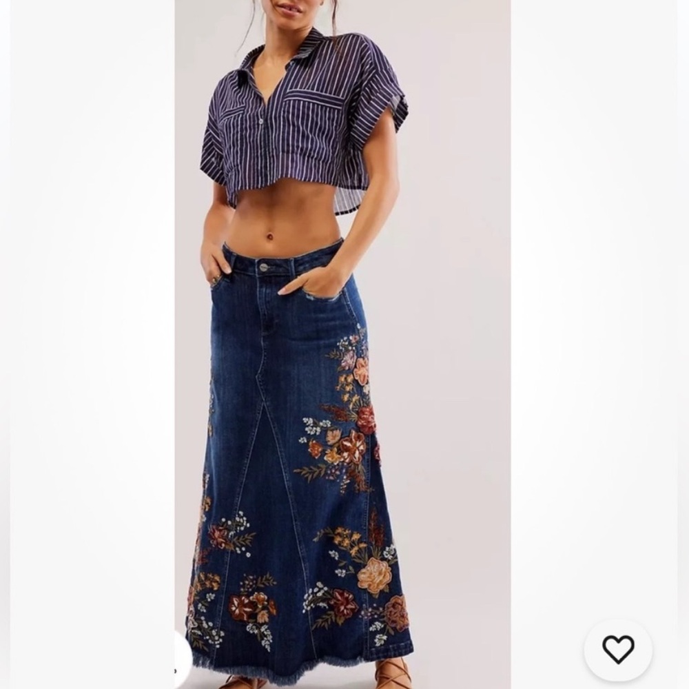 Free People X Driftwood embroidered denim maxi skirt